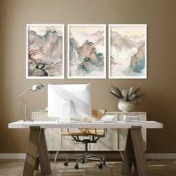 Chinoiserie Framed Wall Art 3 Piece Set, Extra Large Asian Triptych Art, Woman Office Decor Hanging, Workplace - thumbnail 3