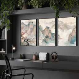 Chinoiserie Framed Wall Art 3 Piece Set, Extra Large Asian Triptych Art, Woman Office Decor Hanging, Workplace - thumbnail 1