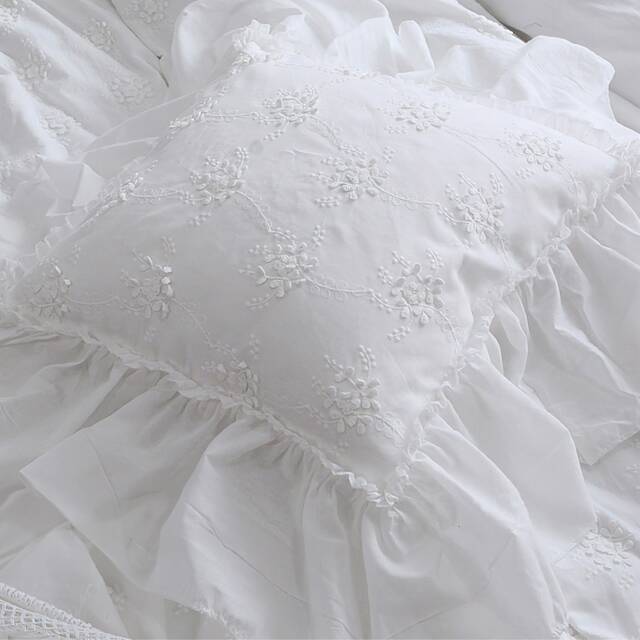 Embroidered Floral Cotton Pillow Cover Farmhouse Cushion Cover With Lace Ruffle - image 1