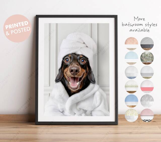 Dachshund in A Bathrobe Print, Dog Bathing, Funny Bathroom Animal Towel On Head, Dog Bath Robe, Whimsy - image 1