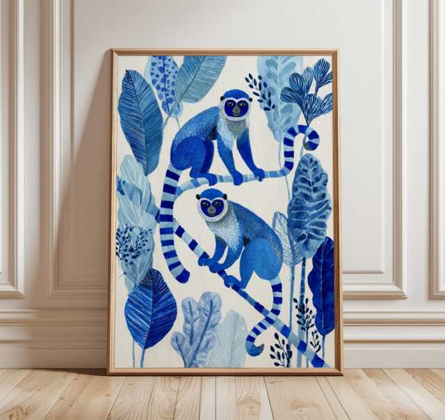 Blue Monkey Jungle Watercolor Print, Tropical Botanical Wall Art, Nursery Decor - image 1
