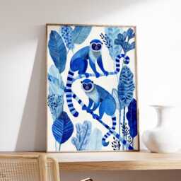 Blue Monkey Jungle Watercolor Print, Tropical Botanical Wall Art, Nursery Decor - thumbnail 2