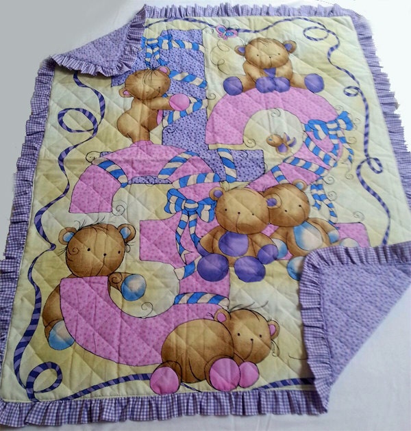 Handcrafted Baby Quilt - Handmade Purple Blanket Teddy Bear Print Pure Cotton Washable Hand-stitched Gift - image 1