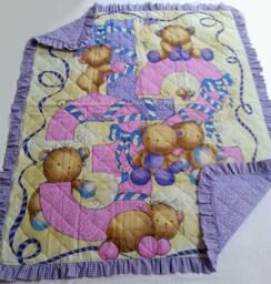 Handcrafted Baby Quilt - Handmade Purple Blanket Teddy Bear Print Pure Cotton Washable Hand-stitched Gift - thumbnail 1