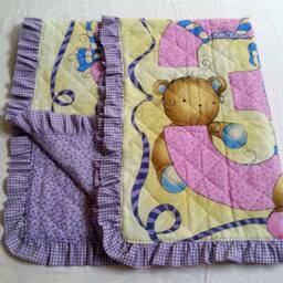 Handcrafted Baby Quilt - Handmade Purple Blanket Teddy Bear Print Pure Cotton Washable Hand-stitched Gift - thumbnail 2