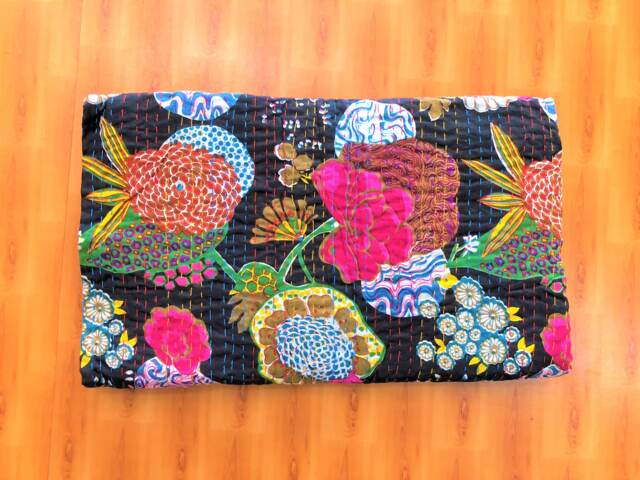 Bohemian Cotton Quilt With Floral Kantha Bedspread - 90x108 Inches - image 1