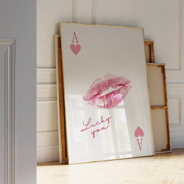 Pink Lips Kiss Lipstick Poster, Ace Of Cards Print, Lucky Me Girly Wall Glam Girls Bedroom Decor - image 1