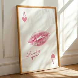 Pink Lips Kiss Lipstick Poster, Ace Of Cards Print, Lucky Me Girly Wall Glam Girls Bedroom Decor - thumbnail 3