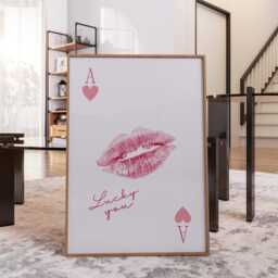 Pink Lips Kiss Lipstick Poster, Ace Of Cards Print, Lucky Me Girly Wall Glam Girls Bedroom Decor - thumbnail 2