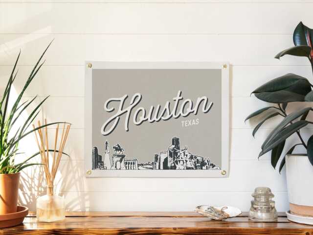Houston Texas Felt Poster Banner - City Skyline Wall Art Print Sign. Vintage Style City Line Drawing Pennant Home Decor. Handmade Gift Idea - image 1