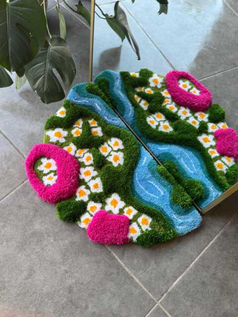 3D Daisy in Grass Handmade Tufted Rug - Pink & Green Floral Meadow Carpet Nature Inspired Fluffy Decor - image 1