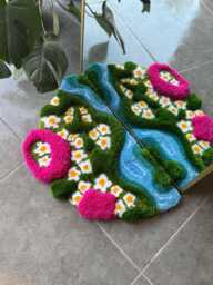 3D Daisy in Grass Handmade Tufted Rug - Pink & Green Floral Meadow Carpet Nature Inspired Fluffy Decor - thumbnail 1
