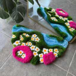 3D Daisy in Grass Handmade Tufted Rug - Pink & Green Floral Meadow Carpet Nature Inspired Fluffy Decor - thumbnail 2