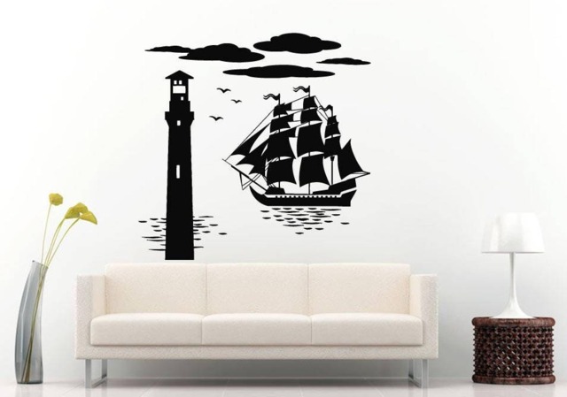 Lighthouse Ship Boat Sails Ocean Sea Maine Nautical Room Wall Sticker Decal Vinyl Mural Decor Art L2412 - image 1