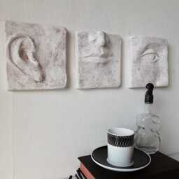 Handmade Ceramic Face Triptych Wall Sculpture, Antique White Bas-Relief Art - thumbnail 3
