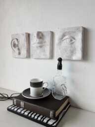 Handmade Ceramic Face Triptych Wall Sculpture, Antique White Bas-Relief Art - thumbnail 1