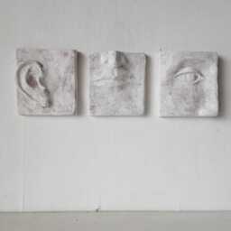 Handmade Ceramic Face Triptych Wall Sculpture, Antique White Bas-Relief Art - thumbnail 4
