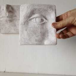 Handmade Ceramic Face Triptych Wall Sculpture, Antique White Bas-Relief Art - thumbnail 2