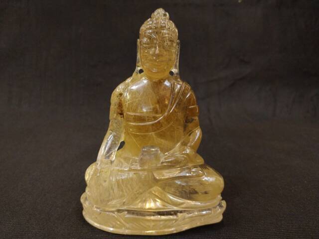 Golden Rutilated Quartz Meditating Gautam Buddha Statue, Hand Carved Natural Crystal Gemstone Figurine - image 1