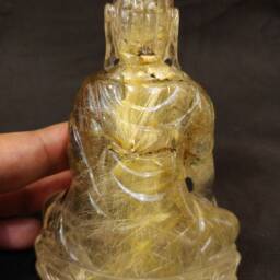 Golden Rutilated Quartz Meditating Gautam Buddha Statue, Hand Carved Natural Crystal Gemstone Figurine - thumbnail 4
