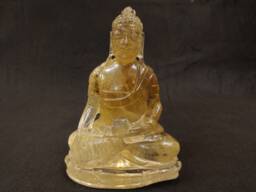 Golden Rutilated Quartz Meditating Gautam Buddha Statue, Hand Carved Natural Crystal Gemstone Figurine