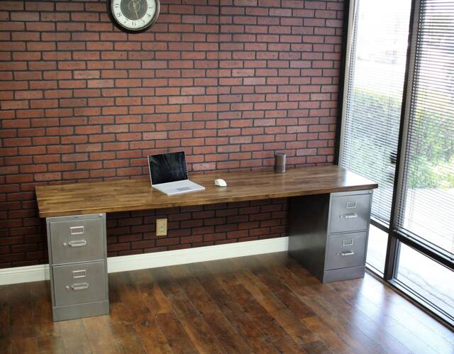 4 Drawer Desk, Modern Rustic Industrial Metal File Cabinet Executive Recycled Wood & Steel Office Home Desk - image 1