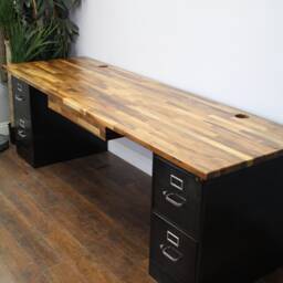 4 Drawer Desk, Modern Rustic Industrial Metal File Cabinet Executive Recycled Wood & Steel Office Home Desk - thumbnail 2