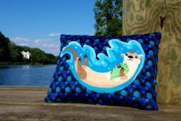 Hand Sewn Otter Plush Pillow - Minky Fabric, Bubbly Blue Back - thumbnail 1