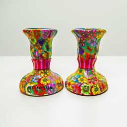 Shabbat Candlesticks Metal Pair With Handmade Flowers - Judaica Gift - thumbnail 1