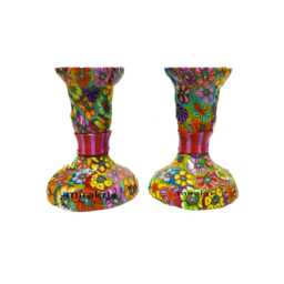 Shabbat Candlesticks Metal Pair With Handmade Flowers - Judaica Gift - thumbnail 2
