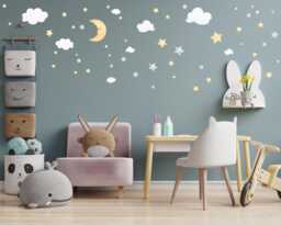 Watercolor Moon, Stars, Clouds Wall Decals, Nursery Playroom Decor Stickers - thumbnail 1