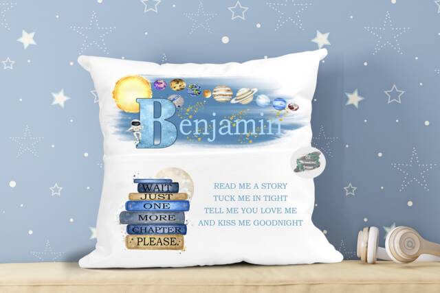 Personalised Kids Space Book Cushion, Bedroom Accessories, Pillow Space, Storytime Cushion - image 1