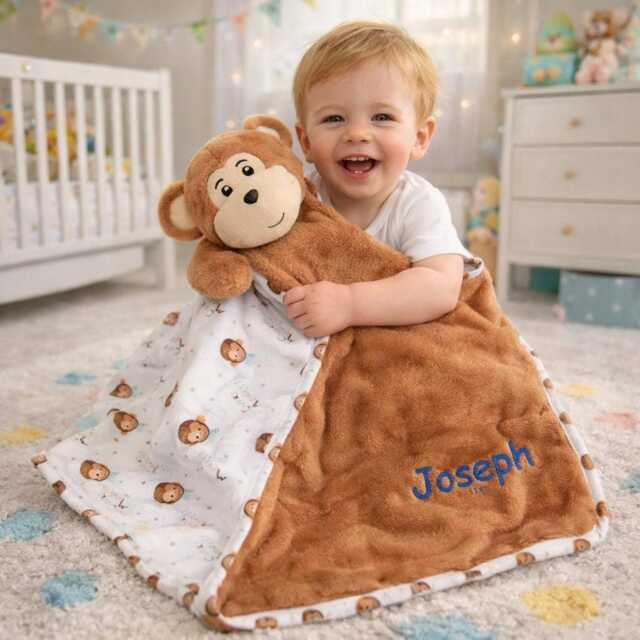 Personalised Cubbies Monkey Baby Blanket, Embroidered, , Personalized Baby Gift - image 1