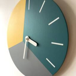 Teal & Mustard Wood Wall Clock, Scandinavian Minimalist Decor - thumbnail 2