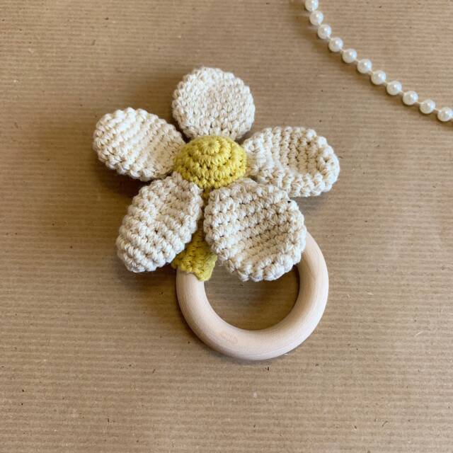 Crochet Flower Baby Rattle Personalized Wooden Newborn Gift - image 1