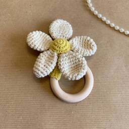 Crochet Flower Baby Rattle Personalized Wooden Newborn Gift