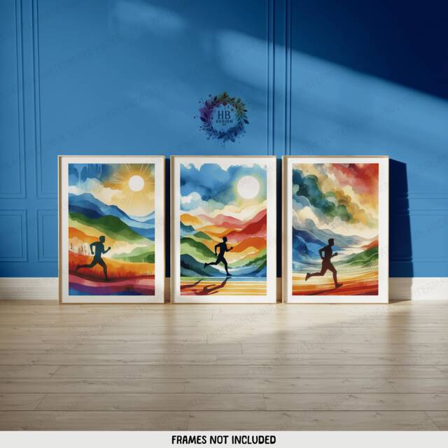 Colourful Running Prints - 3 Runner Posters - Watercolour Wall Art Men Artwork Run Room Decor Jogging Boys Gifts Marathon - image 1