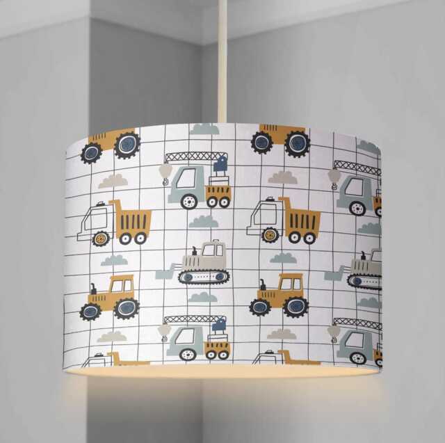 Lampshade - Nursery Trucks & Diggers Grid, Lampshade Or Table Lampshade Childrens Room Round - image 1