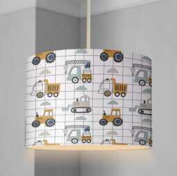 Lampshade - Nursery Trucks & Diggers Grid, Lampshade Or Table Lampshade Childrens Room Round