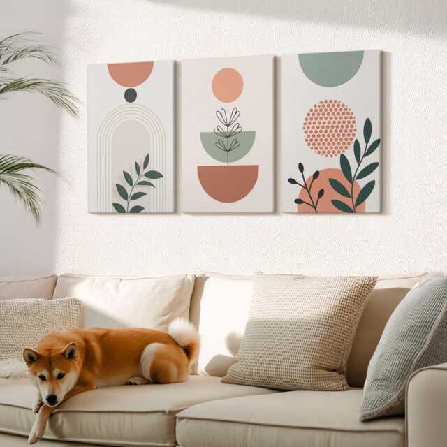 Canvas Set Of 3 Wall Art - Plant Motifs in Modern Shapes & Colors, Beige Photo Print, Plants Flowers Decor - image 1