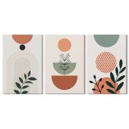 Canvas Set Of 3 Wall Art - Plant Motifs in Modern Shapes & Colors, Beige Photo Print, Plants Flowers Decor - thumbnail 2