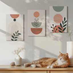 Canvas Set Of 3 Wall Art - Plant Motifs in Modern Shapes & Colors, Beige Photo Print, Plants Flowers Decor - thumbnail 3