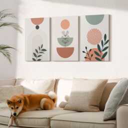 Canvas Set Of 3 Wall Art - Plant Motifs in Modern Shapes & Colors, Beige Photo Print, Plants Flowers Decor - thumbnail 1