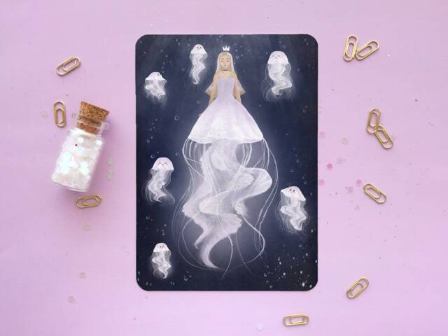 Princess Jellyfish Art Print - Poster Mermaid Mermay Dreamy Illustration Wall Decor Print Original Drawing - A4 A5 A6 - image 1