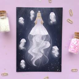 Princess Jellyfish Art Print - Poster Mermaid Mermay Dreamy Illustration Wall Decor Print Original Drawing - A4 A5 A6 - thumbnail 2