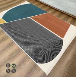 Geometric Color Block Rug Teal, Black, Terracotta Chenille Carpet