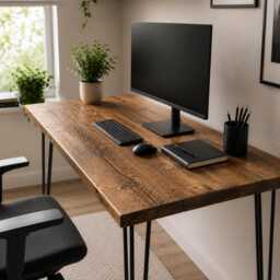 Reclaimed Wood Home Office Desk With Black Hairpin Legs - Custom Sizes, Handmade in UK - thumbnail 2