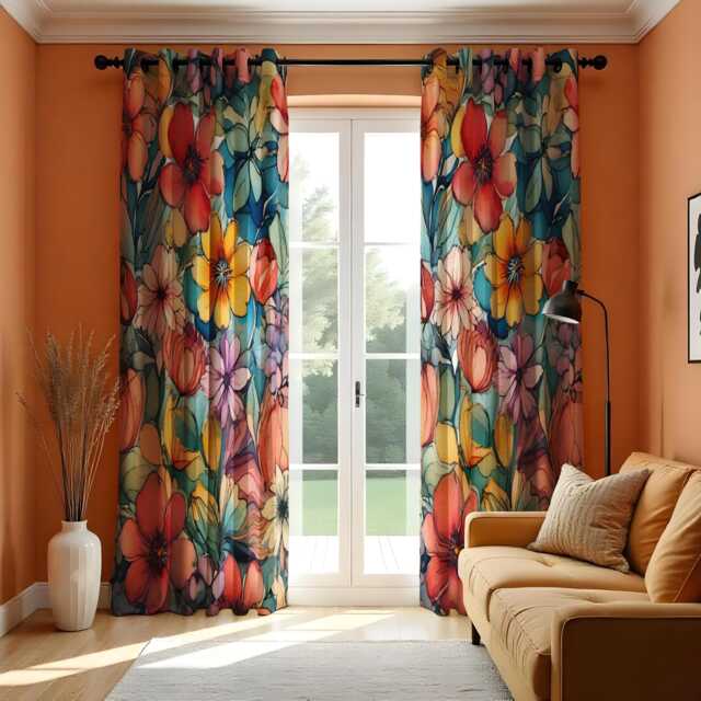 Colorful Floral Curtains, Vibrant Blossoms Drapes, Flower Design Window Treatment, Custom Length Made To Order Curtain Panels - image 1
