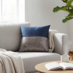 Color Block Pillow Cover Gray Faux Leather & Blue Denim Fabric