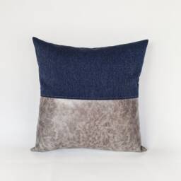 Color Block Pillow Cover Gray Faux Leather & Blue Denim Fabric - thumbnail 3